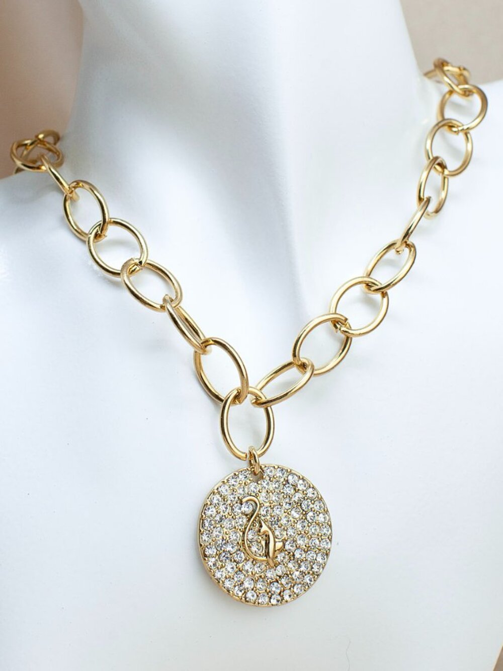 Baby Phat Gold Chunky Chain Pave Crystal Coin Medallion Necklace Y2K Retro
